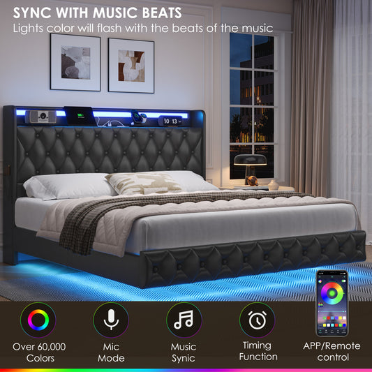 Cama flotante tapizada con luces LED y puerto de carga