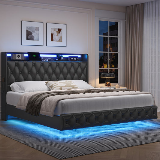Cama flotante tapizada con luces LED y puerto de carga
