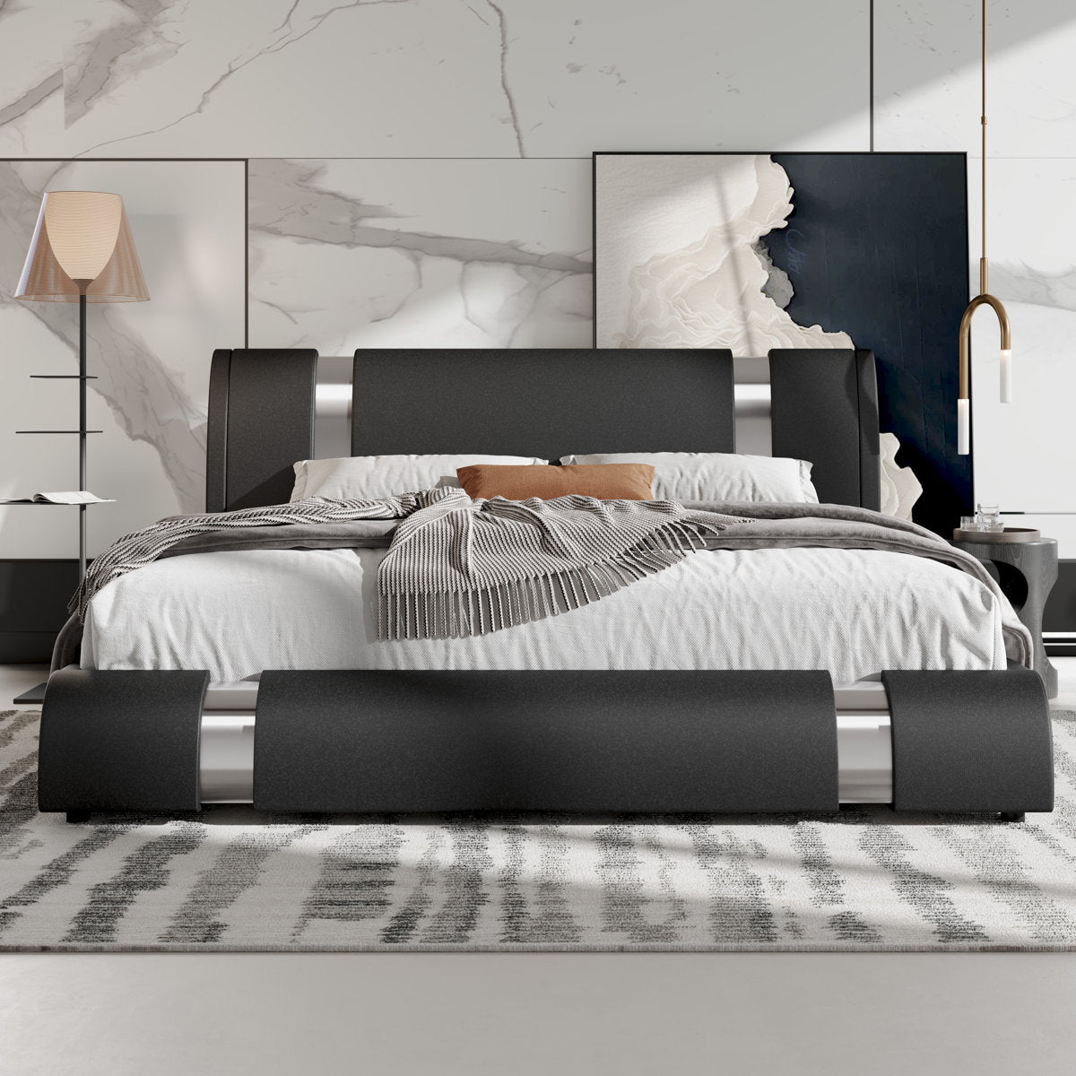 Marco de cama de plataforma con decoración de piezas de hierro y cabecero ajustable