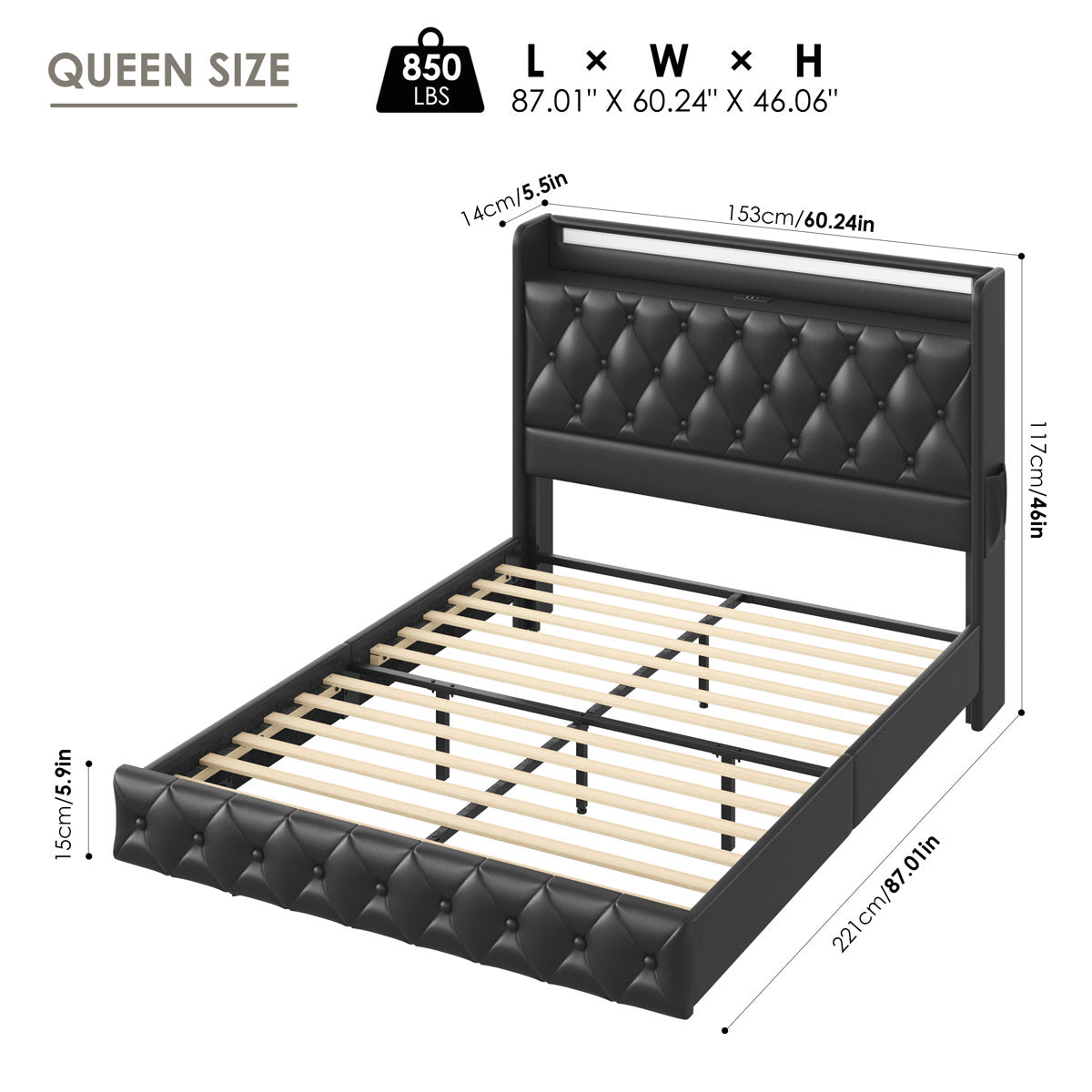 Cama flotante tapizada con luces LED y puerto de carga